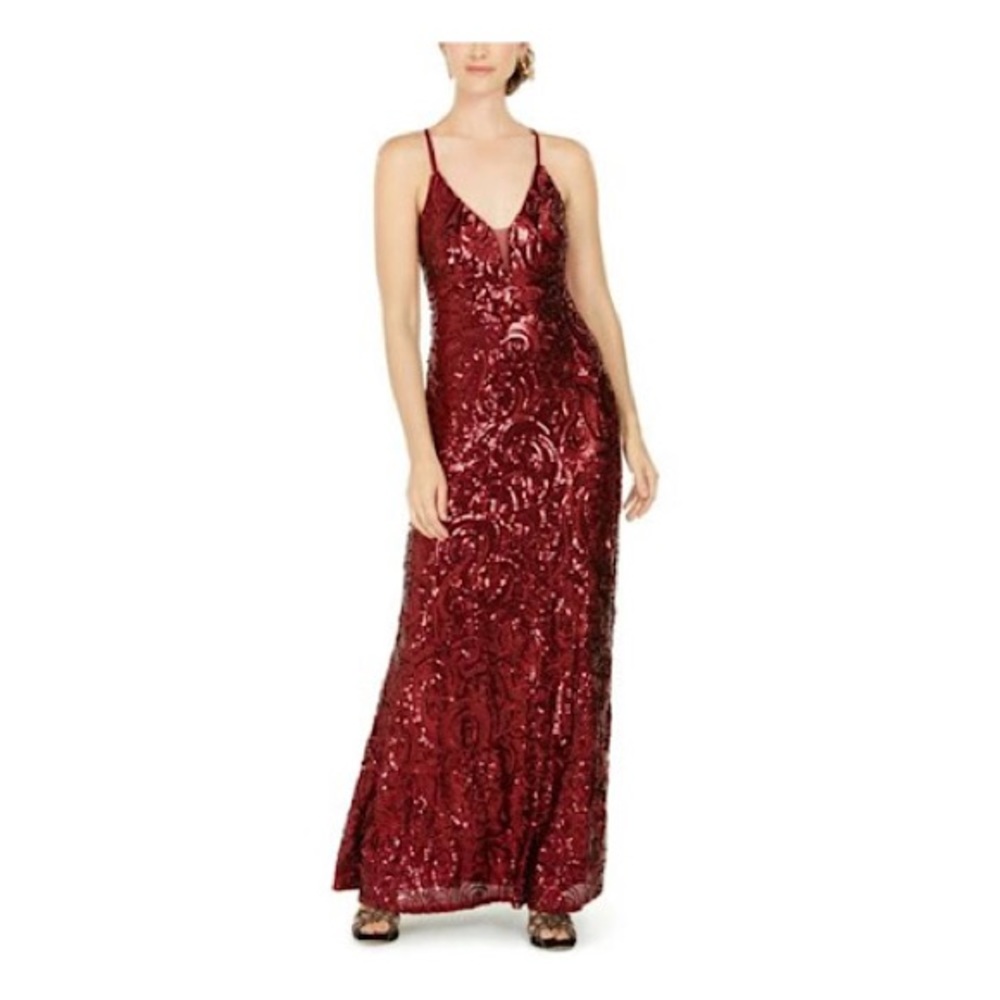 Red Illusion Sequined Cross-Back Gown